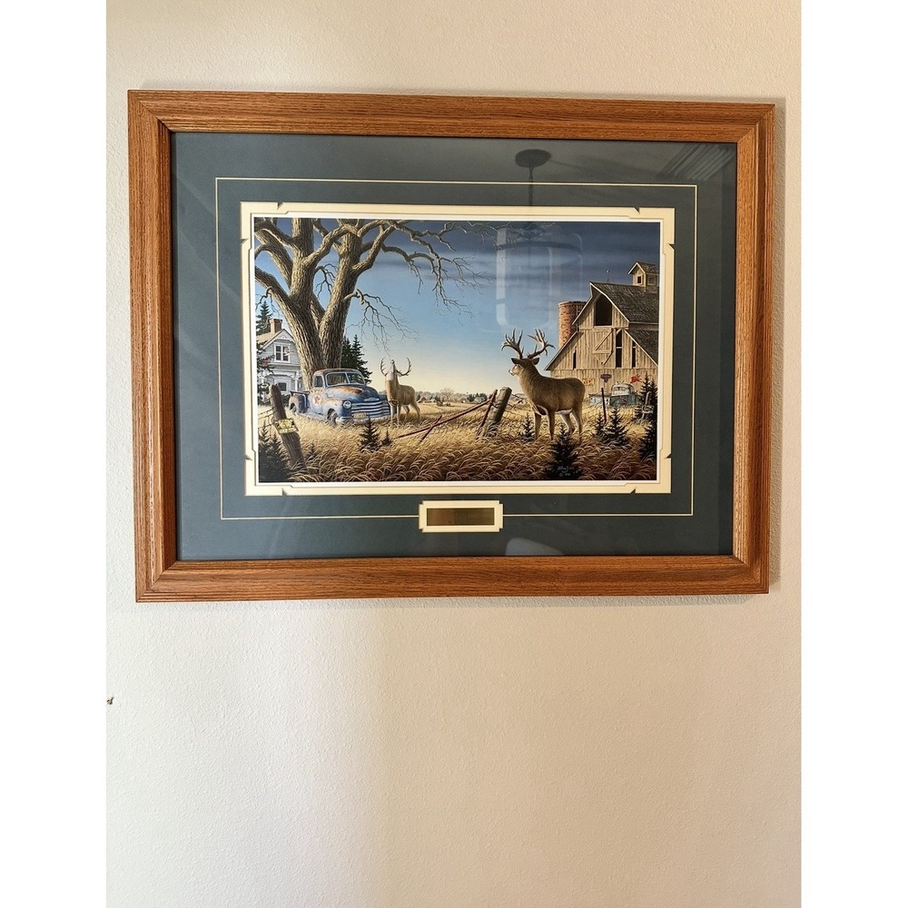 Larry Zach Old Rivals II Whitetail Signed Framed Deer Print Rustic Farm & Barn